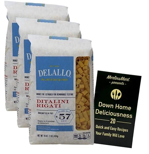 DeLallo Pasta de trigo italiana importada Ditalini Rigati No. 57 (16 onzas) Paquete de 3 folletos de recetas más
