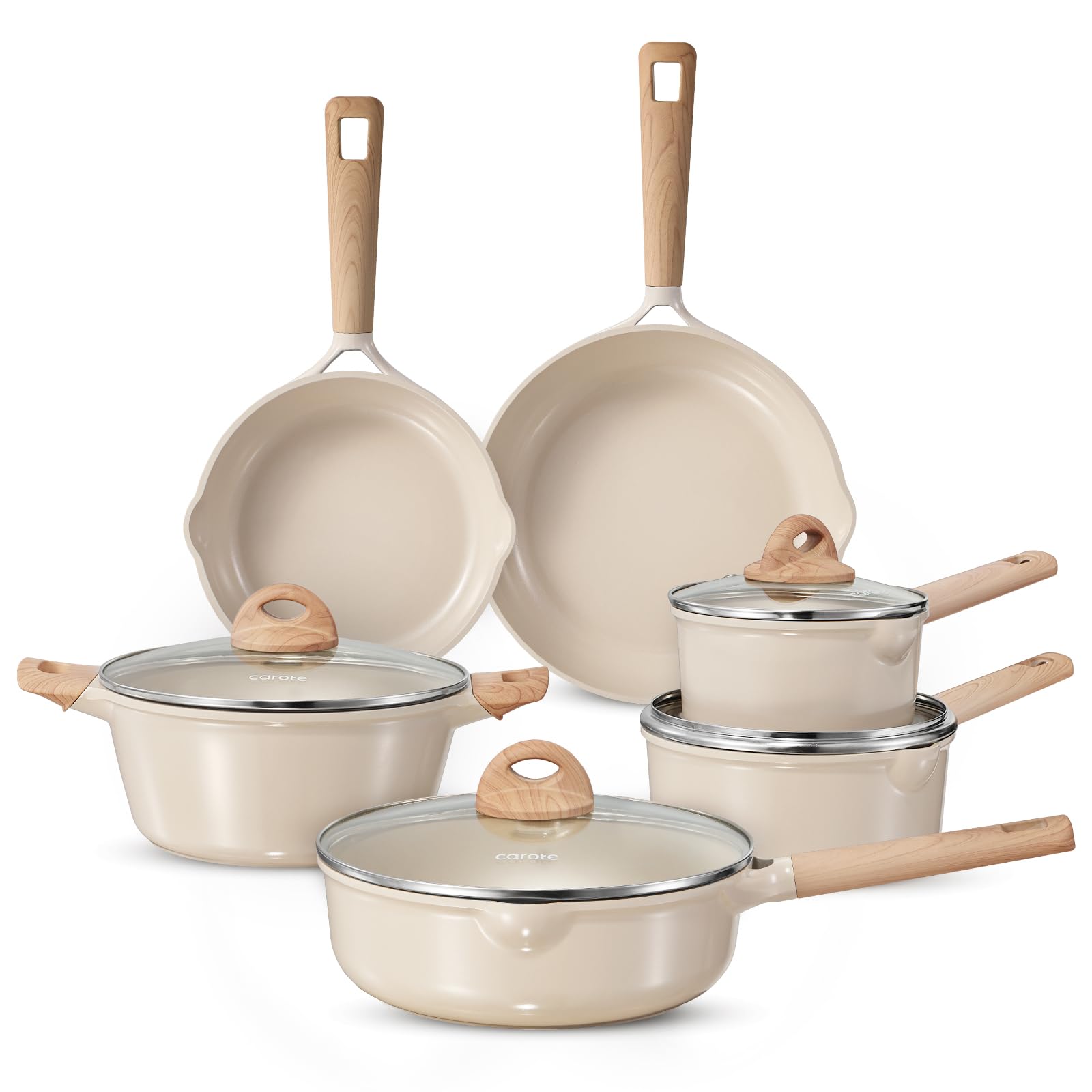 CAROTE 10-Piece Ceramic Pots and Pans Set Non Stick with Lids(Khaki)