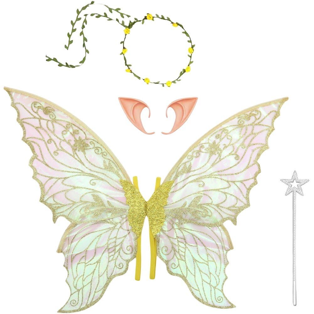 Baokuan Fairy Wings Fairy Costume Set, Glitter Butterfly Wings with Elf Ears and Wand Fairy Costume Accessories for Halloween Cosplay Party