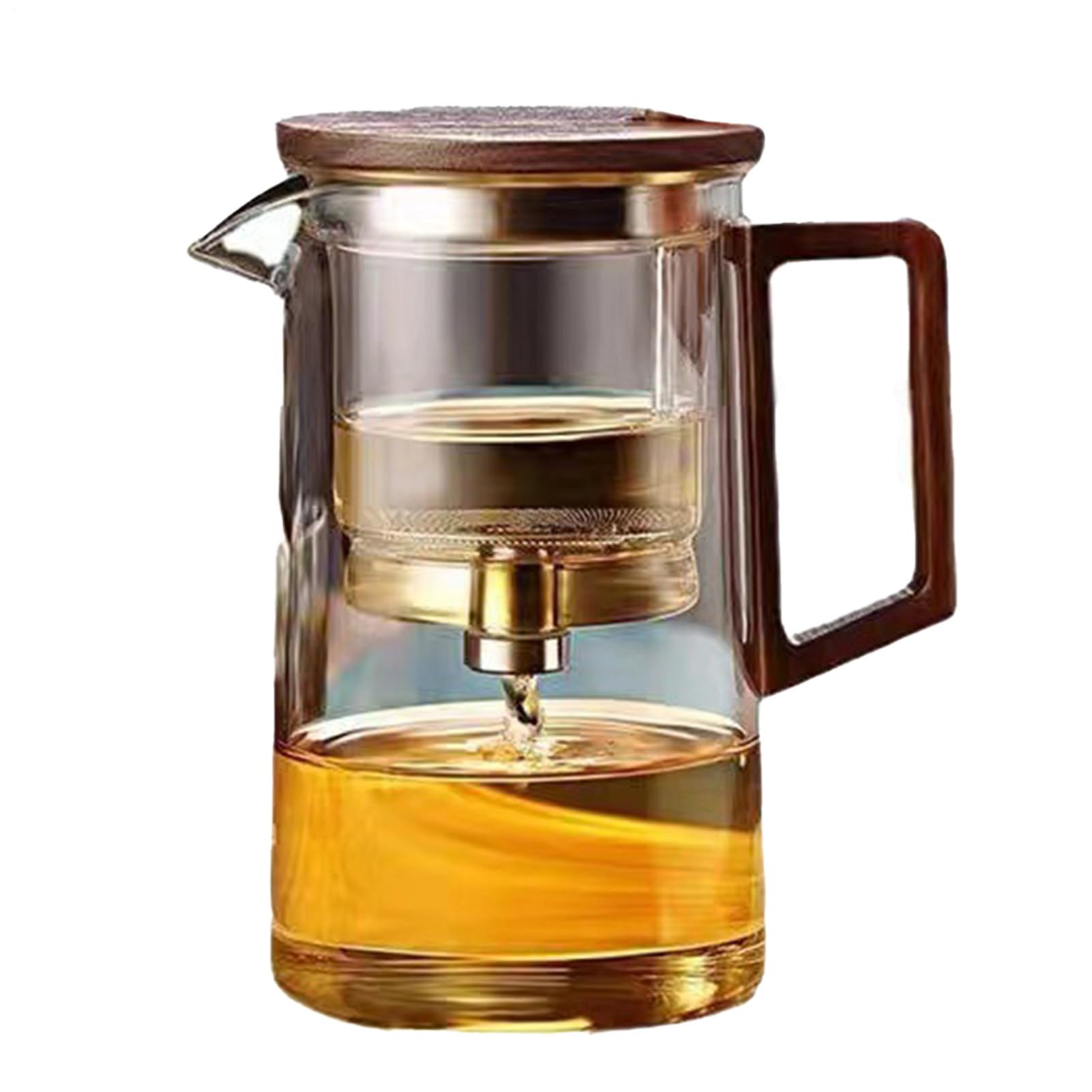 Teiera in con manico - teiera con filtro separazione acqua | Trasparente a un tocco con manico in legno | lavabile in lavastoviglie per tè verde, caffè, erbe aromatiche, boschi