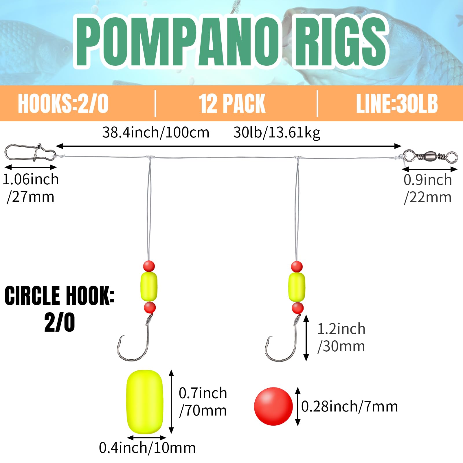 JellyArch 12 Stück Pompano Rigs für Brandungsangeln, Offshore, Surfen, Angelvorrichtungen, Salzwasser, Ausrüstung, Surfen, Angelzubehör mit 2/0 Kreishaken, Doppelkreis-Wirbel, Duo-Lock-Druckknöpfe