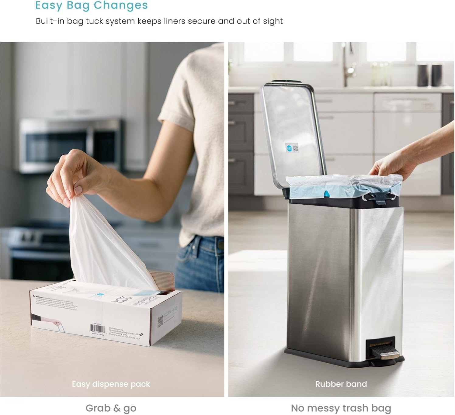 Home Zone Living 8 Gallon and 3 Gallon Slim Stainless Steel Trash Can Combo Set with Soft-Close Lid and Bag Tuck Design, Silver