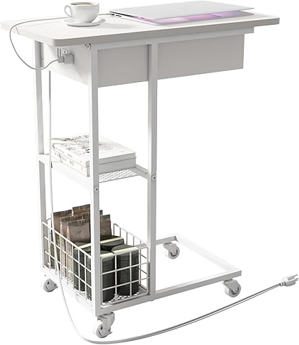 LIDYUK Mesa auxiliar en forma de C con estación de carga, mesa auxiliar abatible con puertos USB y tomas, mesa de sofá con estante de almacenamiento