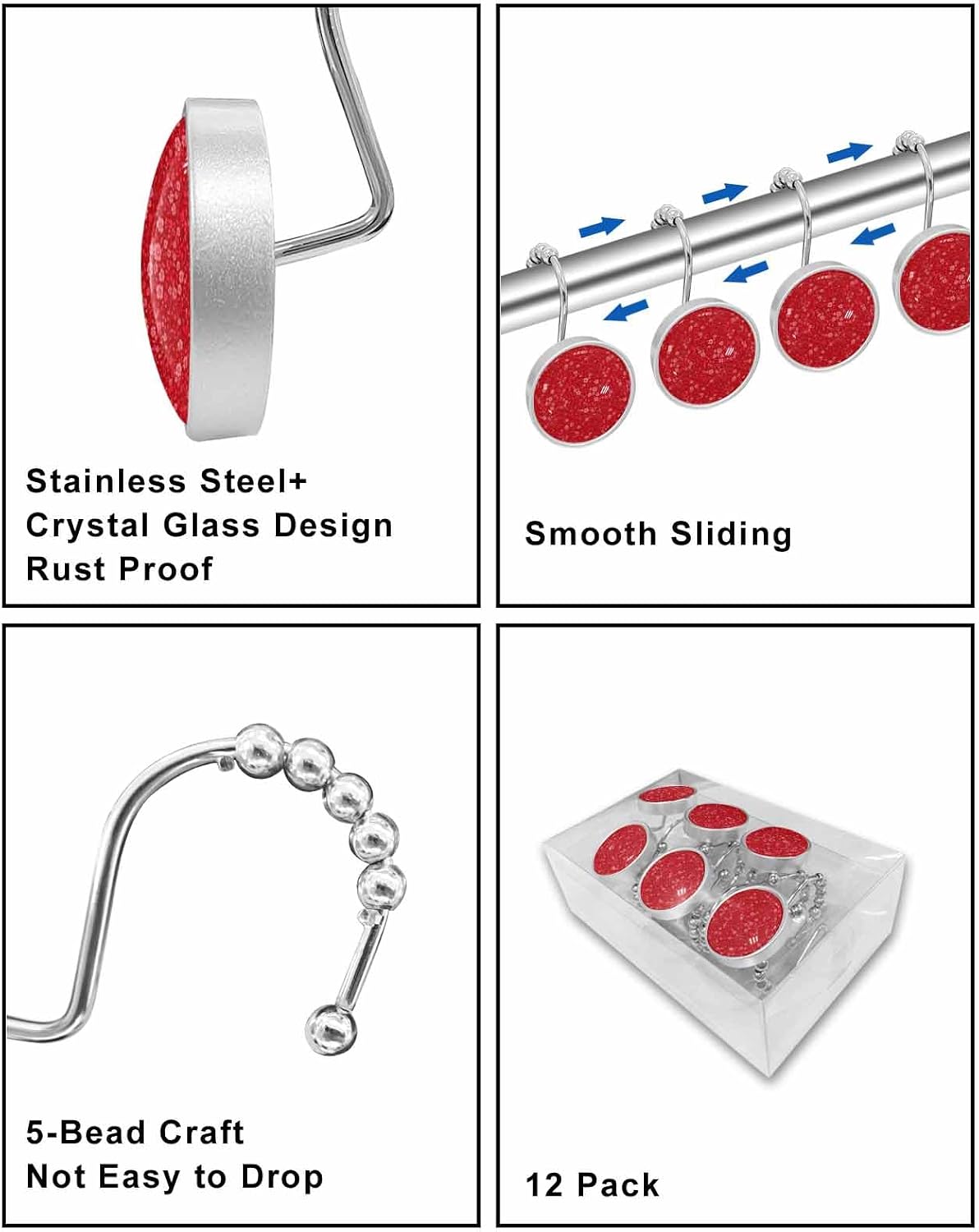 Shower Curtain Hooks 12 Pcs Christmas Winter Plants Red Flowers Stainless Steel Rust Proof Rolling Shower Curtain Rings, Decorative Shower Curtain Hooks Hangers for Bathroom