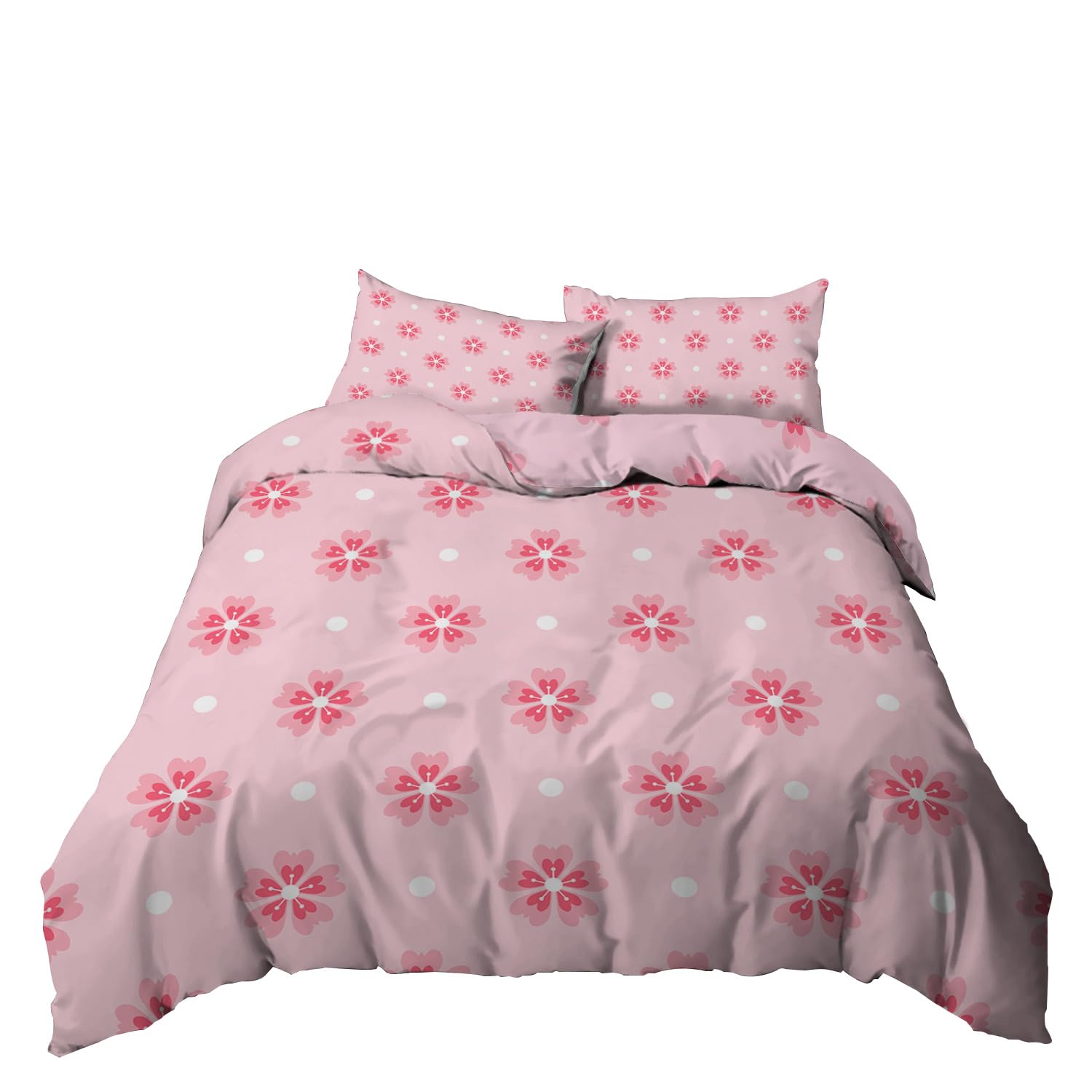 Copripiumino 135x200 Floreale Rosa, Stampa di Dolci Fiori Rosa e Pois Bianchi, Set Letto per Bambini, Bambine e adulti, Setcopripiumino Reversibile 2 Pezzi, Set Letto in Morbida Microfibra, Singolo
