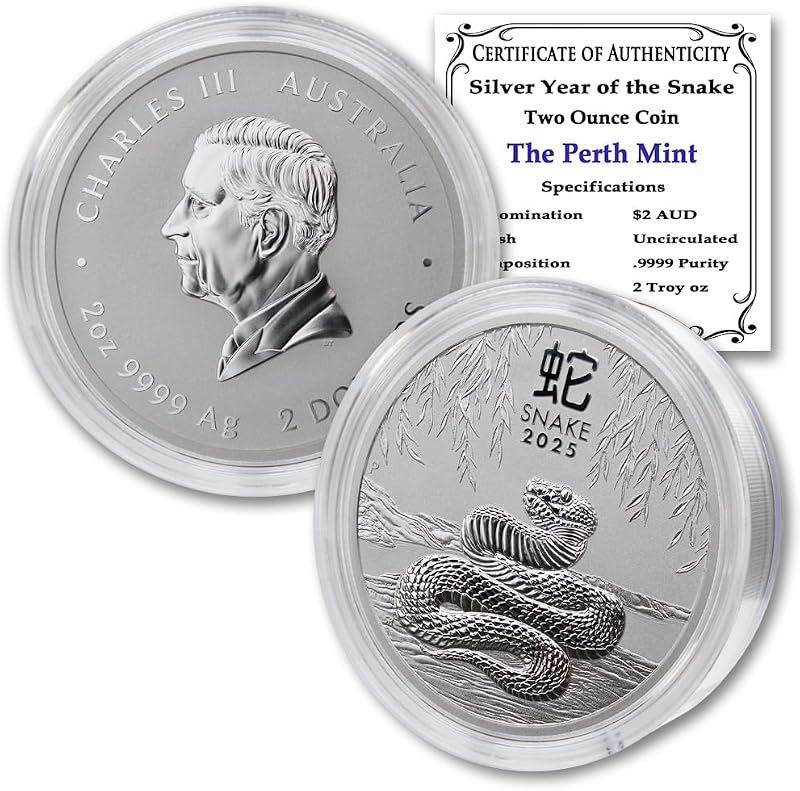 2025 P 2 oz Silver Australian Year of the Snake Coin $2 Seller BU | Lunar Series III - Brilliant Uncirculated (in Capsule) with Certificate of Authenticity