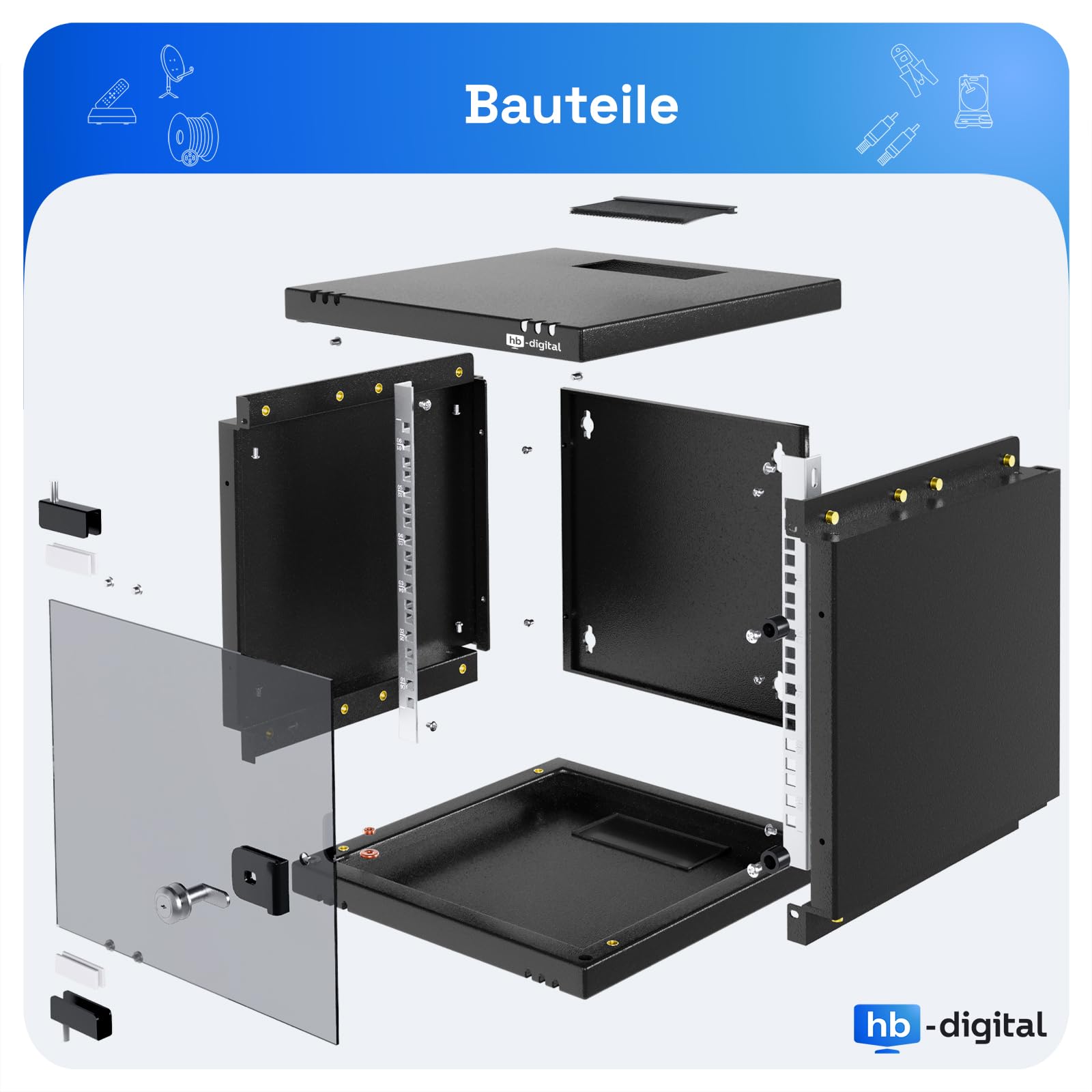 hb-digital Armoire réseau 9HE - Montage mural - Porte en verre - Serrure - Boîtier mural pour routeur EDV - Panneau de brassage - Charge maximale : 30 kg - Robuste - Profondeur : 300 mm -
