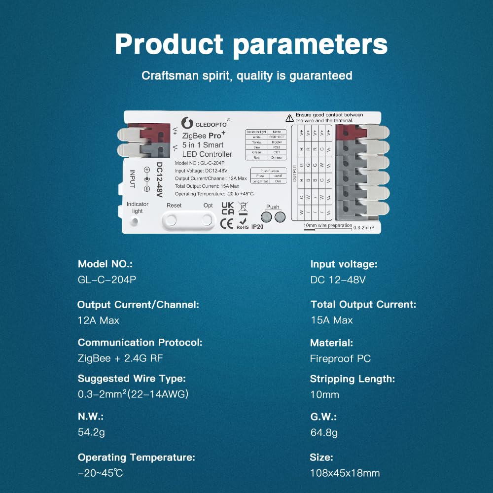 GLEDOPTO Contrôleur LED ZigBee3.0 Pro 5 Modes en 1 RGBCCT RGBW RGB CCT Dimmer DC 12-48V 15A Max PWM Dimming LED Strip Alexa Tuya