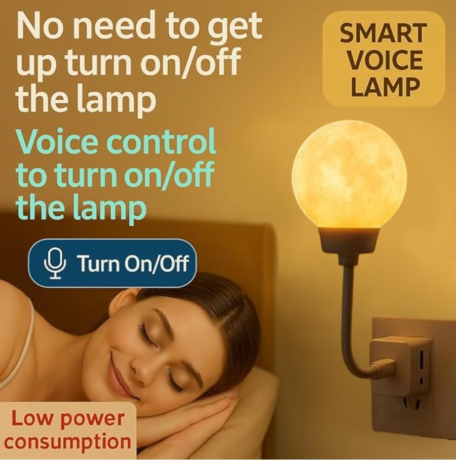 Image of Smart Moon Night Light for Kids, USB Plug-in LED Lamp with 3-Color Dimming & Voice Control, Decorative Moon Nightlight for Bedroom & Bedside