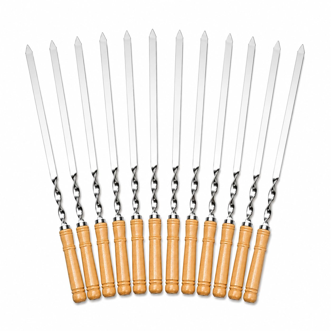Twisted Metal BBQ Kebab Skewer Sticks 6PCS/12PCS Stainless Steel Flat Barbecue Skewers with Wooden Handle for Grilling BBQ 46cm (12)