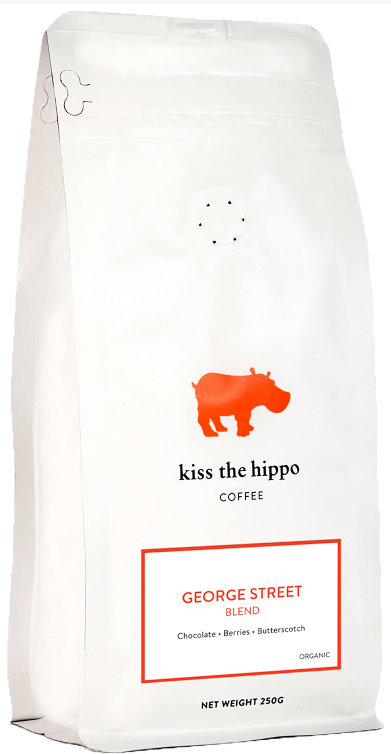 Kiss the Hippo - George Street Blend Coffee| Organic Whole Beans | Carbon-Negative | Cafetiere, Filter | Suitable For Milk Coffee | Notes of Caramel, Red Berry, Chocolate | 250 gr