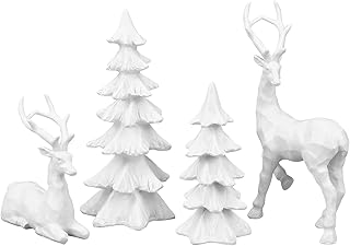 2 Pcs Christmas Tree Figurines and 2 Pcs Christmas Reindeer Figurines, White Tabletop Christmas Decorations Resin Christmas Tree and Elk Statues for Table Centerpieces Desk Shelf Fireplace Decor