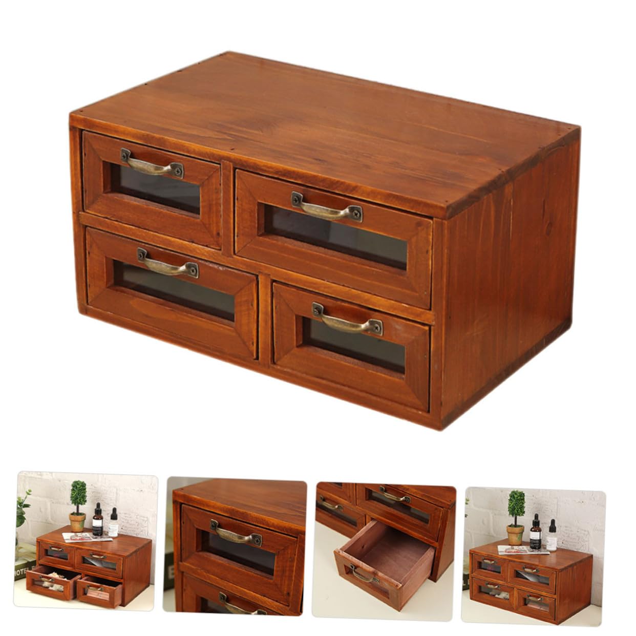 TOPBATHY Organizador de Encimera de Madera de Doble Capa con Cajones de Almacenamiento, 4 Cajones y 4 Compartimentos para Oficina