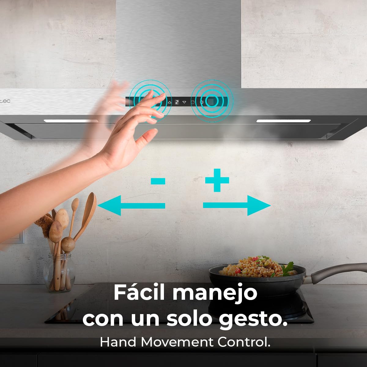 Cecotec Campana Extractora 90 cm Flux TT 908000 Glass Black A++, Clase A, 210W, Fuerza de succión de 800 m³/h, Acabado inoxidable, Control táctil, Hand Movement Control, Delay Funtion, Iluminación LED