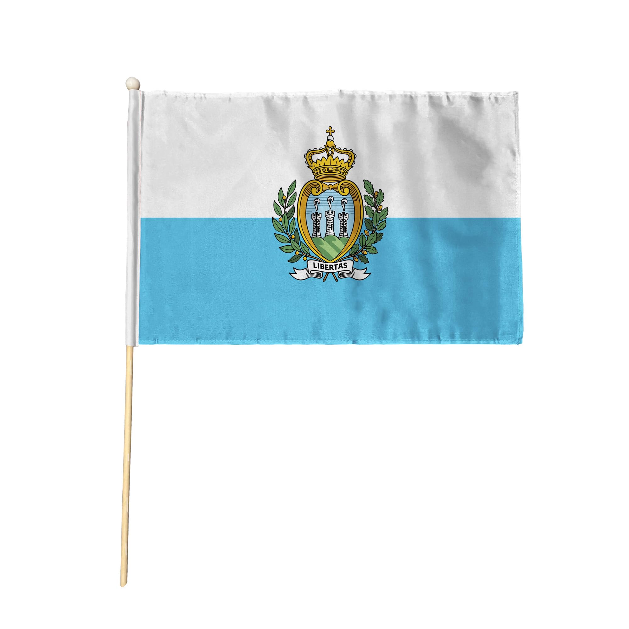 Flagtex San Marino Pack of 2 Hand Waving Flag (9x6 Inch) - Premium Wooden Stick Hand Flag 9x6 Inch Natural Wood Pole European White Blue Coat of Arms Republic Flag Events Parades