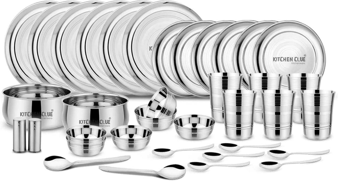 Premium Grade Quality Stainless Steel Dinner Set of 36 Pcs, Silver Touch Design - Attractive & Stylish Looks - Add Grace to Your Kitchen - Exclusive Kitchen Set for Home - Highly Durable