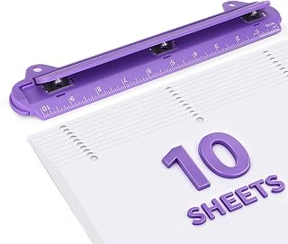 Eagle Portable 3-Hole Punch, 10-Sheet Capacity for 3-Ring Binders | Built-in 10-inch ruler, steel punch heads, removable chip tray and slim ABS body for school, office and planner use, purple