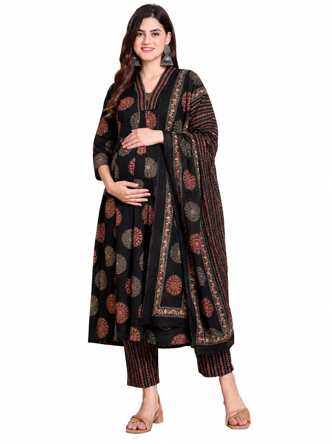 ASSUME FAB Women Viscose Rayon Anarkali Maternity and Nursing Kurta Set with Dupatta - Black Floral and Geometric Pattern, 3/4 Sleeves, Comfortable Fit-image-28