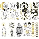 9 Sheets Metallic Gold Silver Black Temporary Tattoo, Hands Face Tattoo Sticker for Men Women, Flowe