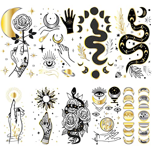 9 Sheets Metallic Gold Silver Black Temporary Tattoo, Hands Face Tattoo Sticker for Men Women, Flower Leaf Space Moon Snake Fingers Designs on Arm Neck Shoulder Clavicle Waterproof