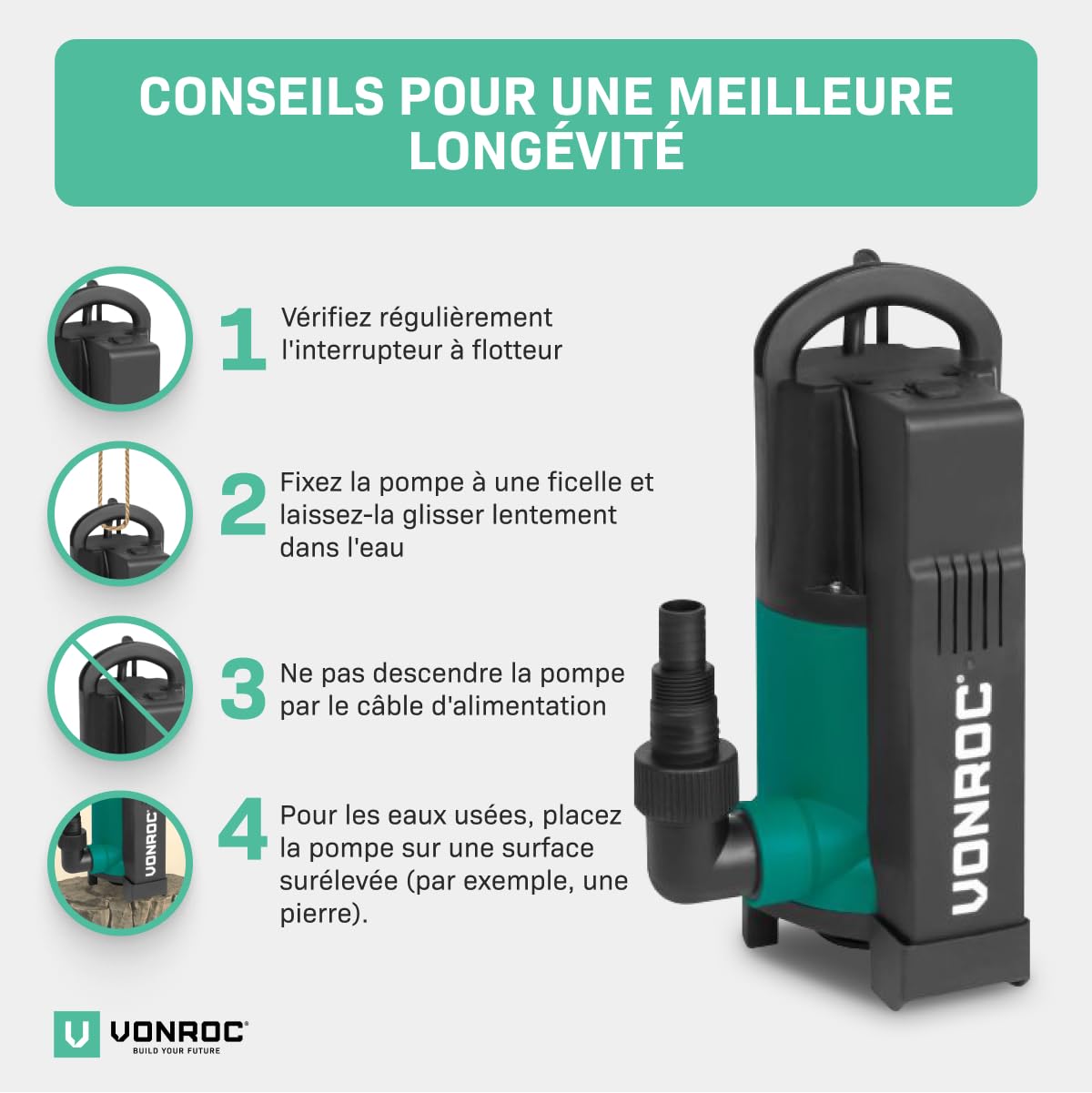 VONROC Pompe Submersible 750W – Débit 14 000 l/h – Pour Eaux Propres, Usées – Flotteur Intégré – Profondeur 7 m, Hauteur de Refoulement 7,5 m – Pompe Immergée Usage Domestique, Extérieur