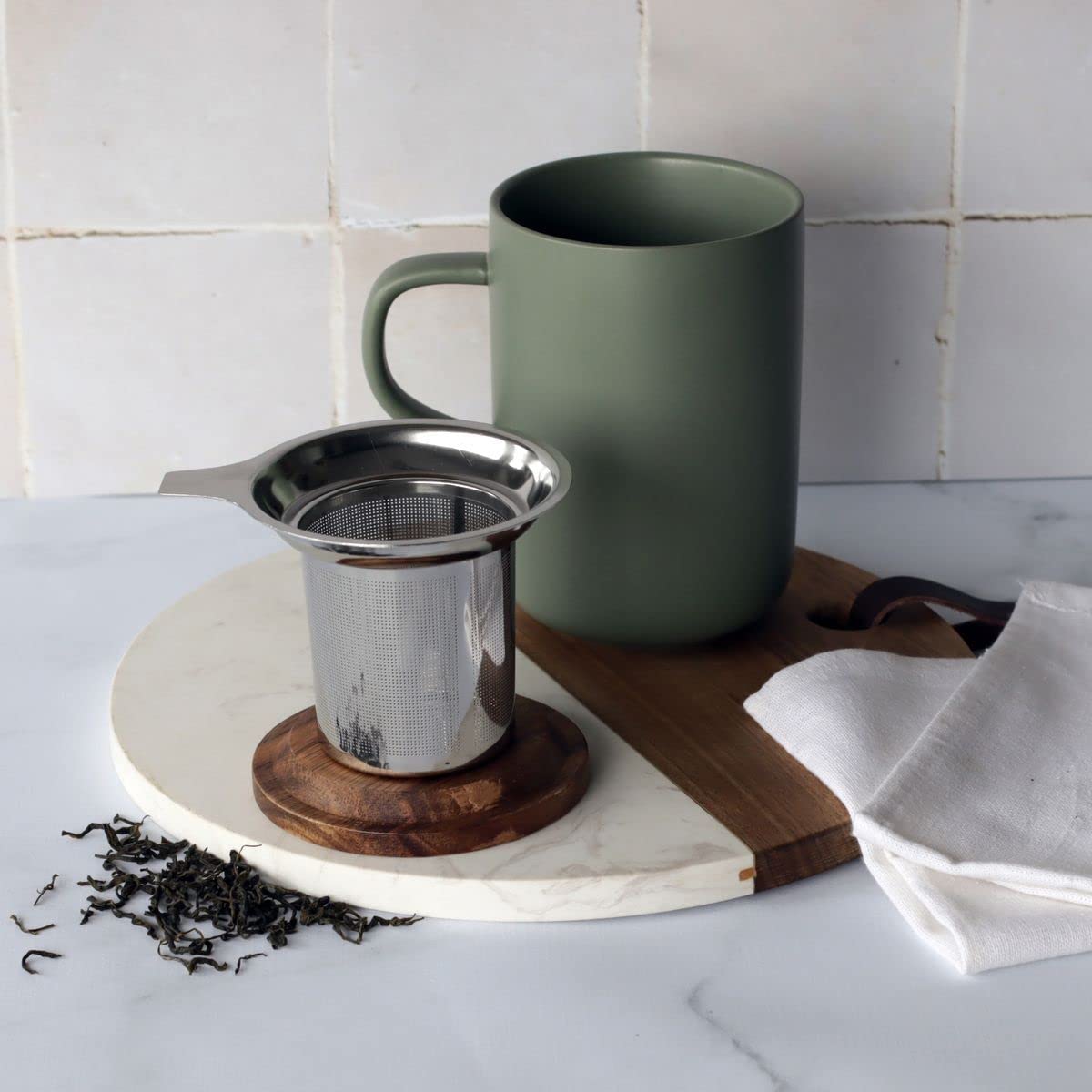 OGO LIVING 7912013 - Tè e tisana Juliet 475 ml - Tazza da tè in gres e coperchio in legno di acacia - verde mandorla