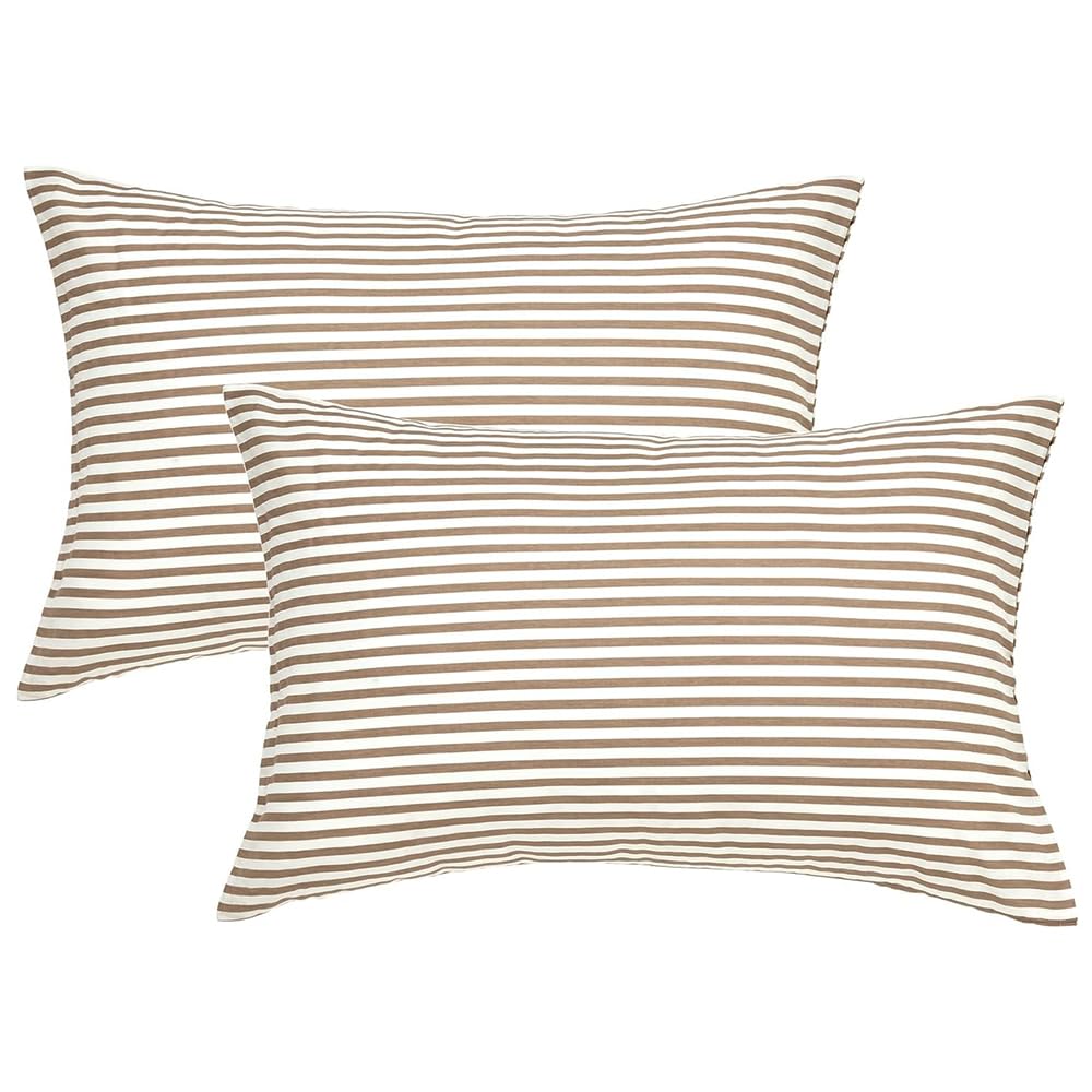 JELLYMONI Juego de 2 Fundas de Almohada de algodón 100% Natural, diseño de Rayas Blancas y Caqui, con Cierre de sobre (Almohadas no Incluidas)