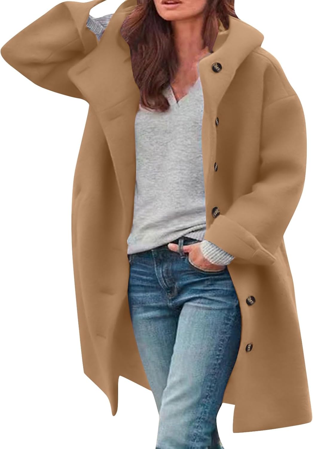 Lmdudan 2024 Winter Hooded Wool Pea Coat for Women Mid Long Loose Single Breasted Overcoat Casual Outerwear with Pockets