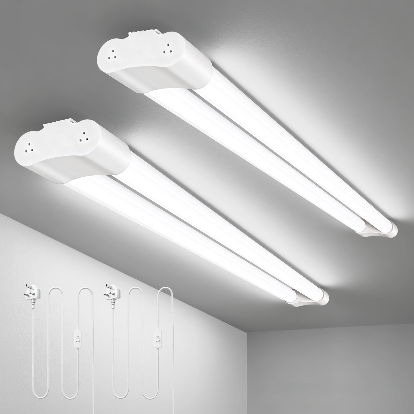 Ankishi 2 Pack 5000k Led Batten Light, 4FT, 42W Plug in Ceiling Light Led, 5000LM Workshop Lighting for Garage, Office, Bedroom, Living Room,Wall, Kitchen, Shed（White）