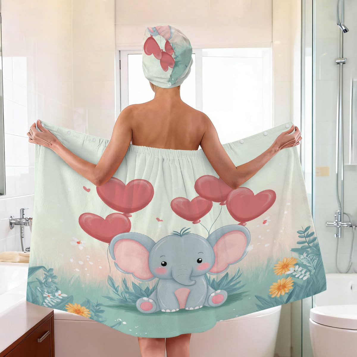Mikrofaser-Duschtuch für Damen, mit Haarhandtuch, Cartoon-Baby, Elefant, Herz, weiche Körperwickel, Kleid mit Haartrocknungskappe für Strand, Pool, Spa, 2 Sets