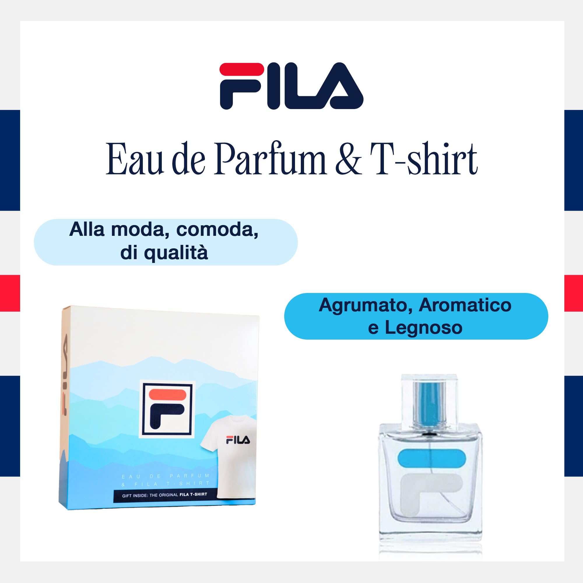 FILA Set Regalo Uomo Con Eau de Parfum 100 ml e T-Shirt, Cofanetto Con Elegante Profumo e Comoda T-Shirt Alla Moda, Kit Per Compleanni e Occasioni Speciali