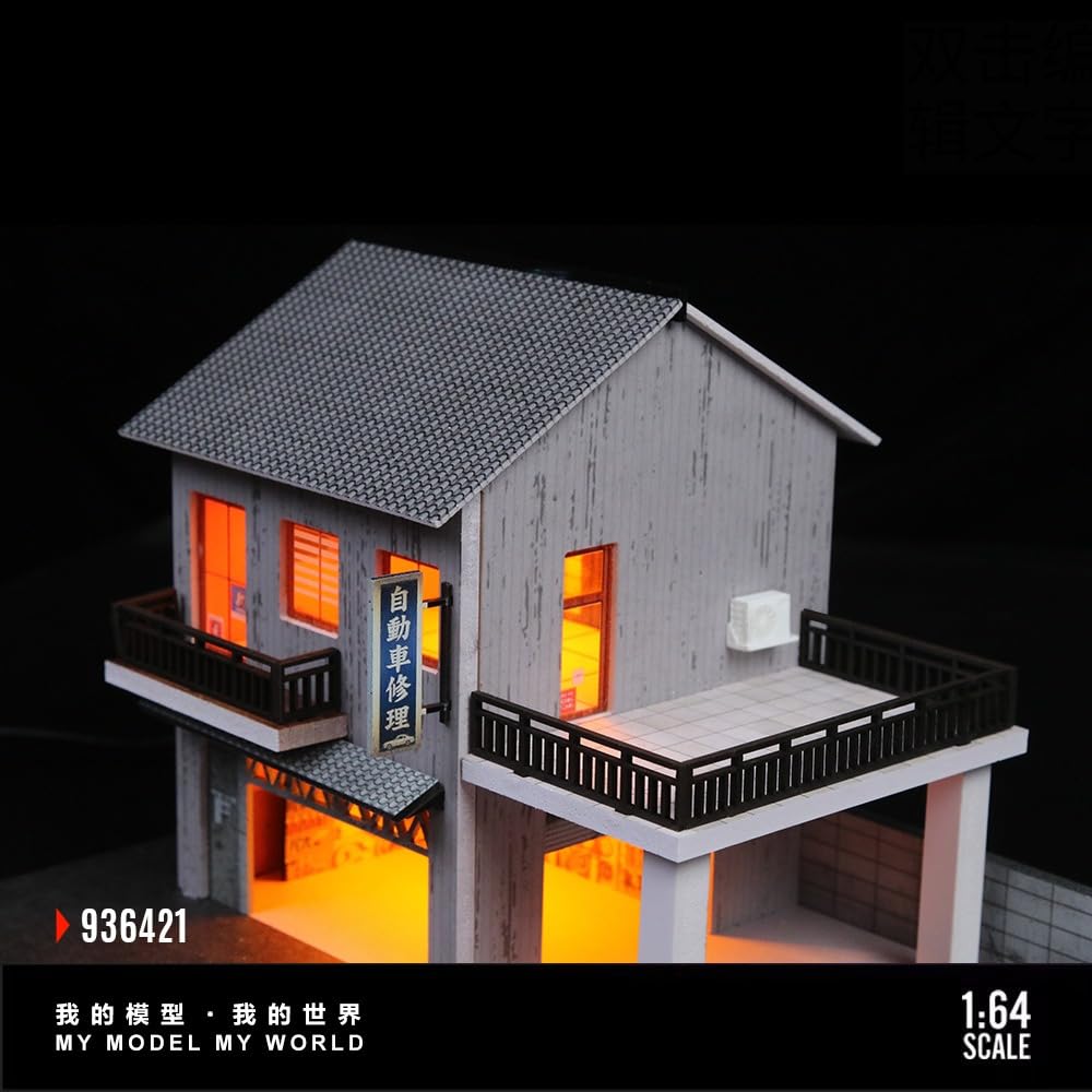 1:64 Diorama Garage Modello, Illuminazione LED Parcheggio Scena Display Case, Modello Officina per Display 1:64 Diecast Modellino Auto Vetrina, Modello Edificio (Japanese Repair Shop)
