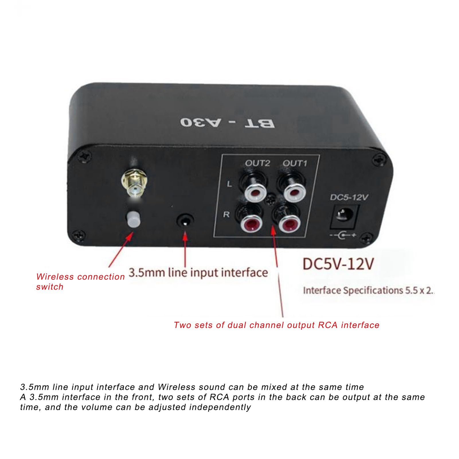 Préamplificateur Sonore BT, Mini Préampli Stéréo HiFi avec 5.0, Gain de 20db, 3 Sorties pour Haut-parleurs de Cinéma Maison, Platine Phono