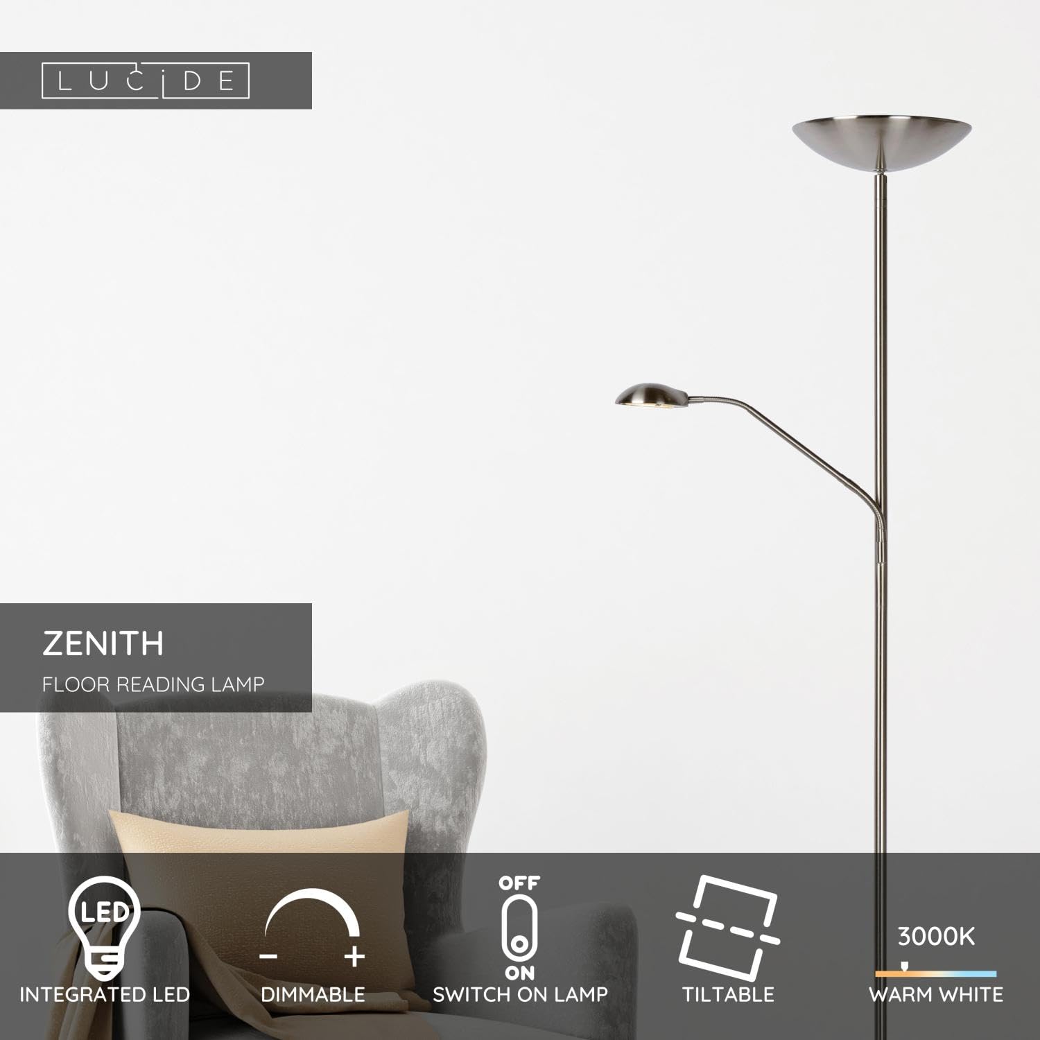 LUCIDE ZENITH - Stehlampe Mit Leselampe - LED Dim. - 3000K - Chrom Matt
