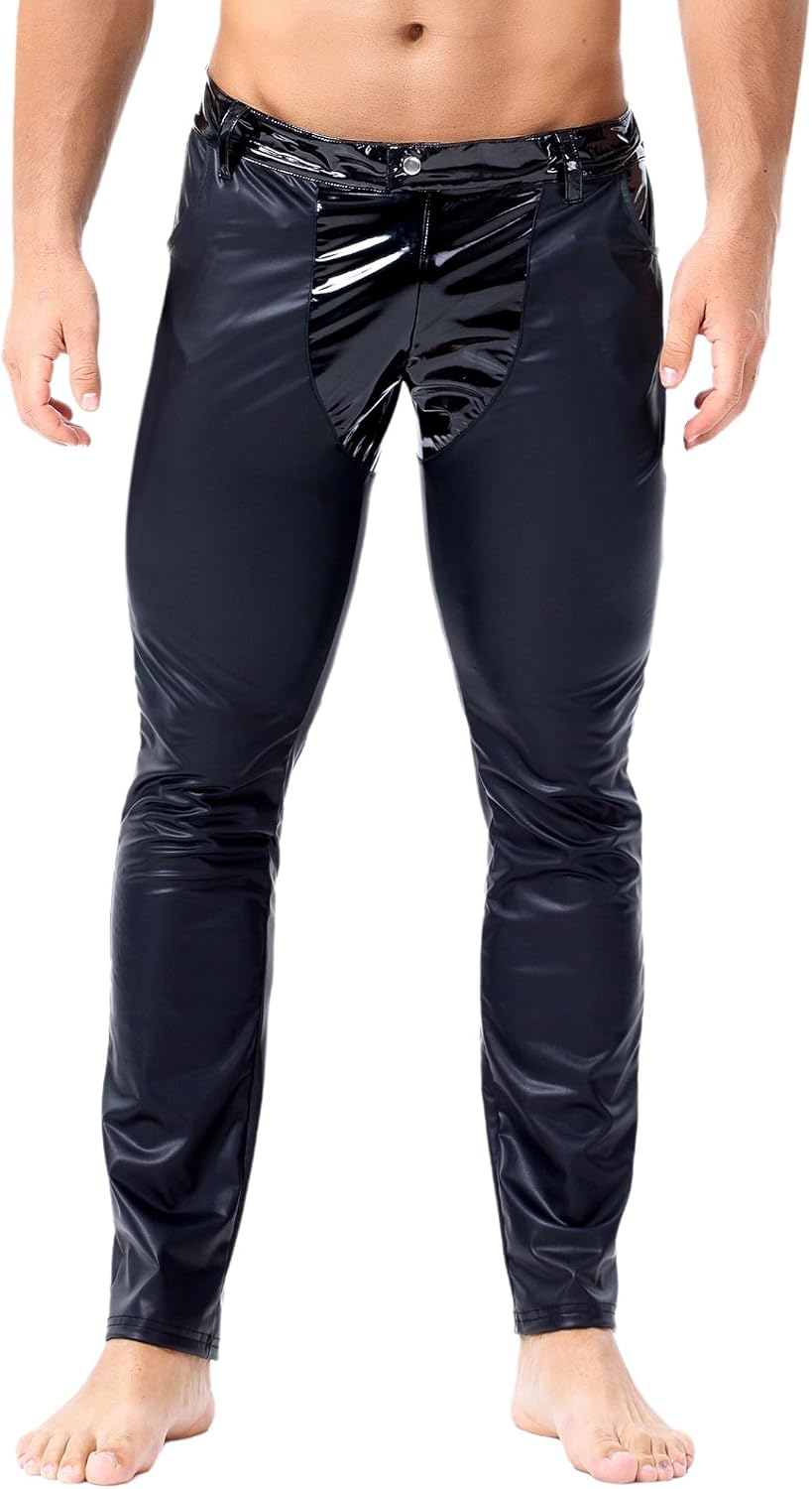 Vxuxlje Mens Faux Leather Leggings Wet Look Patchwork Skinny Long Pants Trousers Clubwear