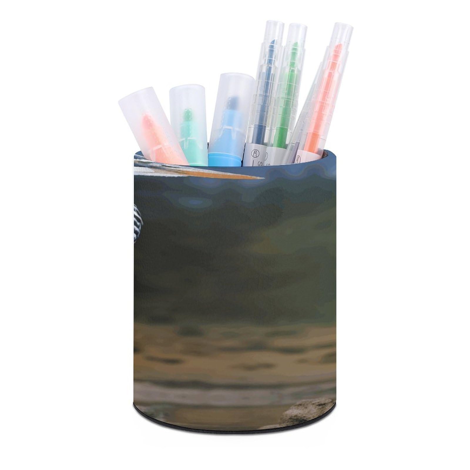 FekiLoot Round Leather Pen Holder - Multipurpose Desk Organizer, Modern Pencil Cup, Heron Pencil Holder, Unique Makeup Brush Holders for Office Home Supplies & Gifts
