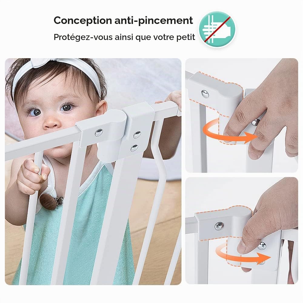 COMOMY Barriere de Securite Chien avec Porte Ajustable pour Chat, 75-123cm Barriere de Securite Enfant Extra Wide pour Escaliers et Portes, Barrière à Fermeture Automatique, 76cm de Haut (Blanc)