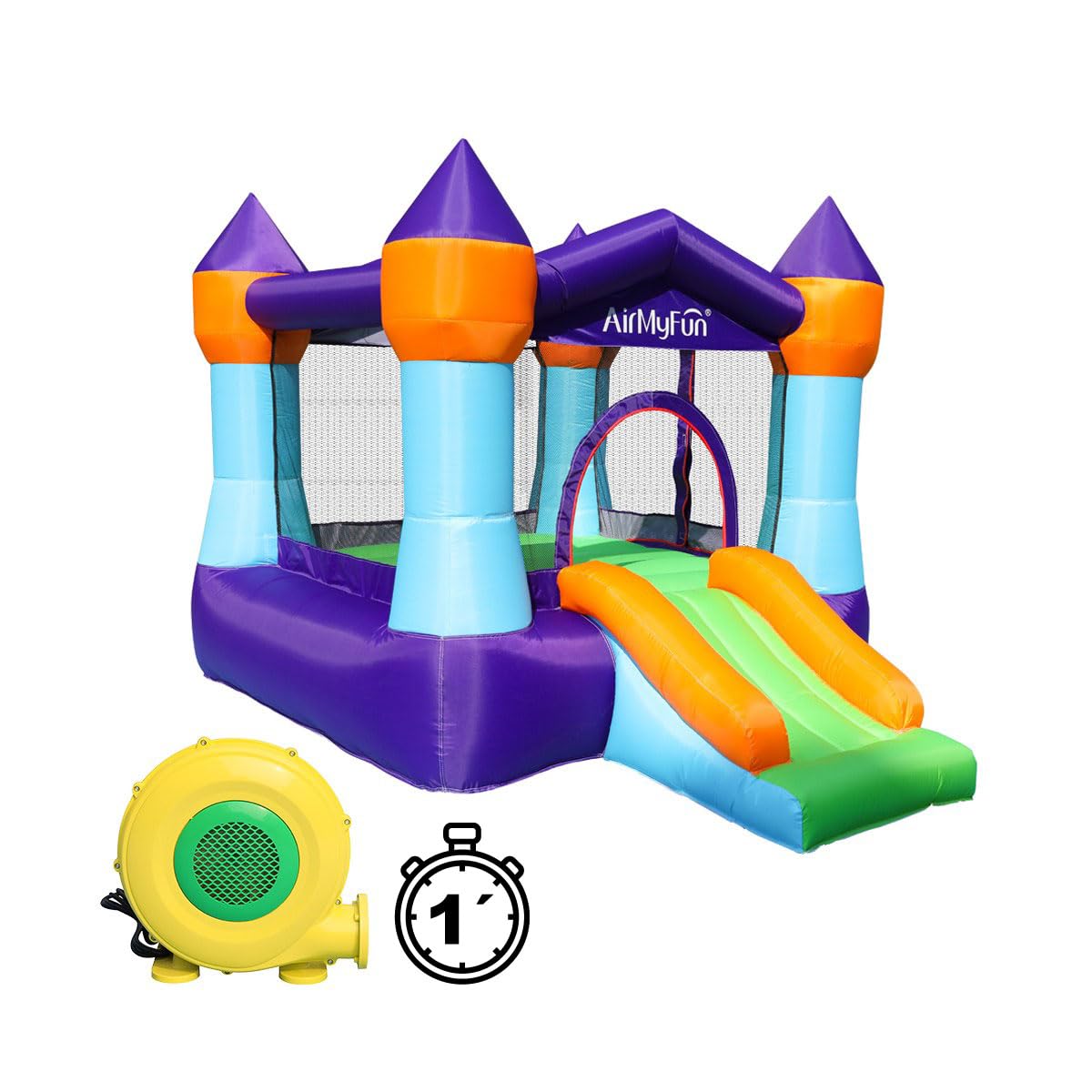 Castillo Windsor Azul- Castillo Hinchable para niños Windsor de Estilo Medieval con 4 torreones, Zona de Salto protegida y tobogán