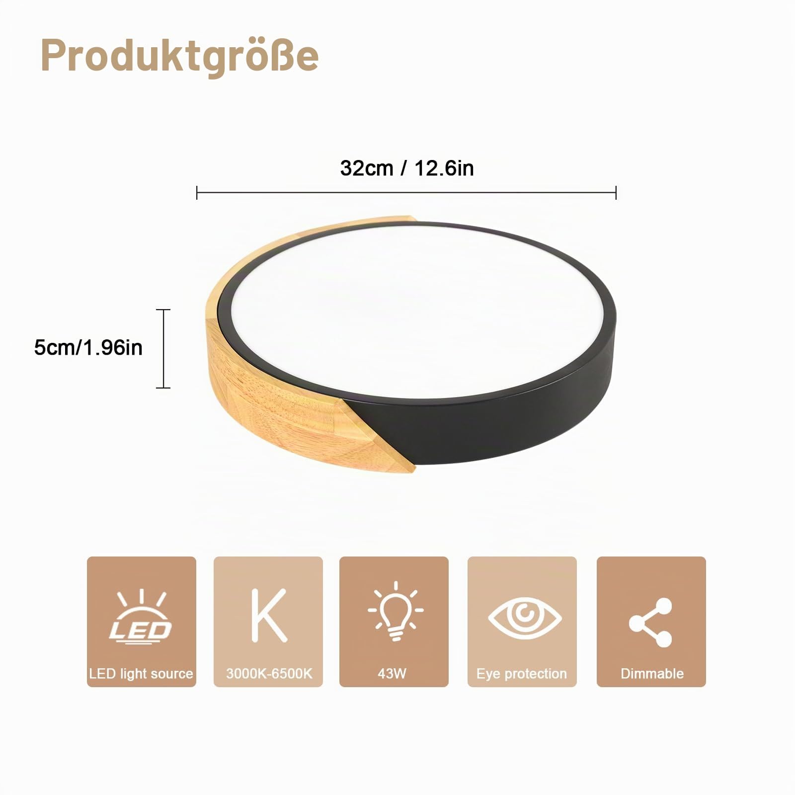 Riserva LED Deckenleuchte Dimmbar 43W, Holz Rund, 3000K-6500K