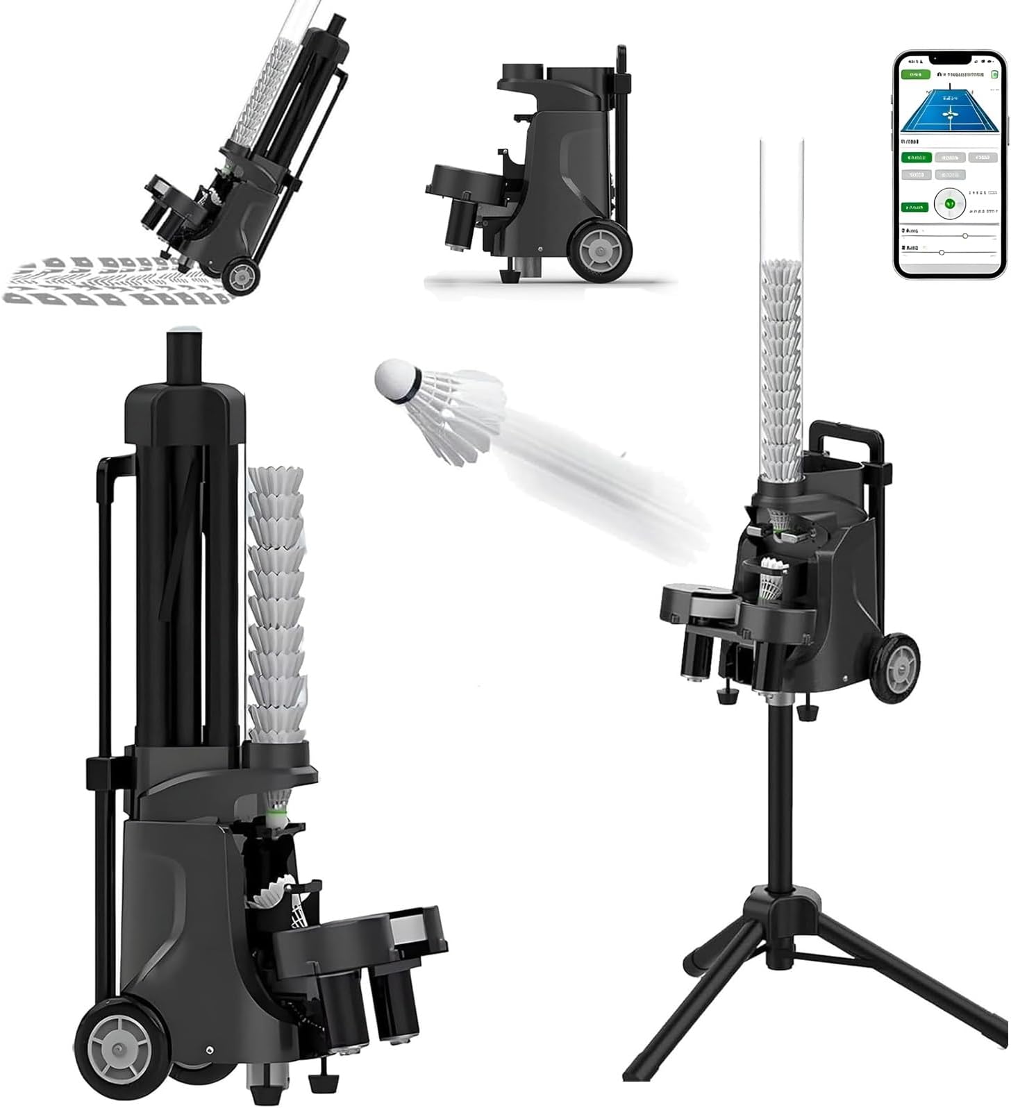 Badminton Training Machine, Badminton Launcher with Retractable Handle, Automatic Shuttlecock Practice Trainer Robot, Shuttlecock Feeder Thrower Serving Machine, Adjustable Height and Angle