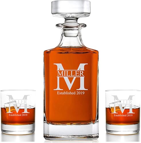 Juego de decantadores de whisky personalizados de 3 piezas, juego de regalo de decantador y 2 vasos de roca, grabado personalizado (diseño de molino)