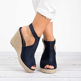 LQHYA Ladies Fashion High Heel Shoes Women Sandals Casual Linen Platform Ankle Strap Wedges Sandals