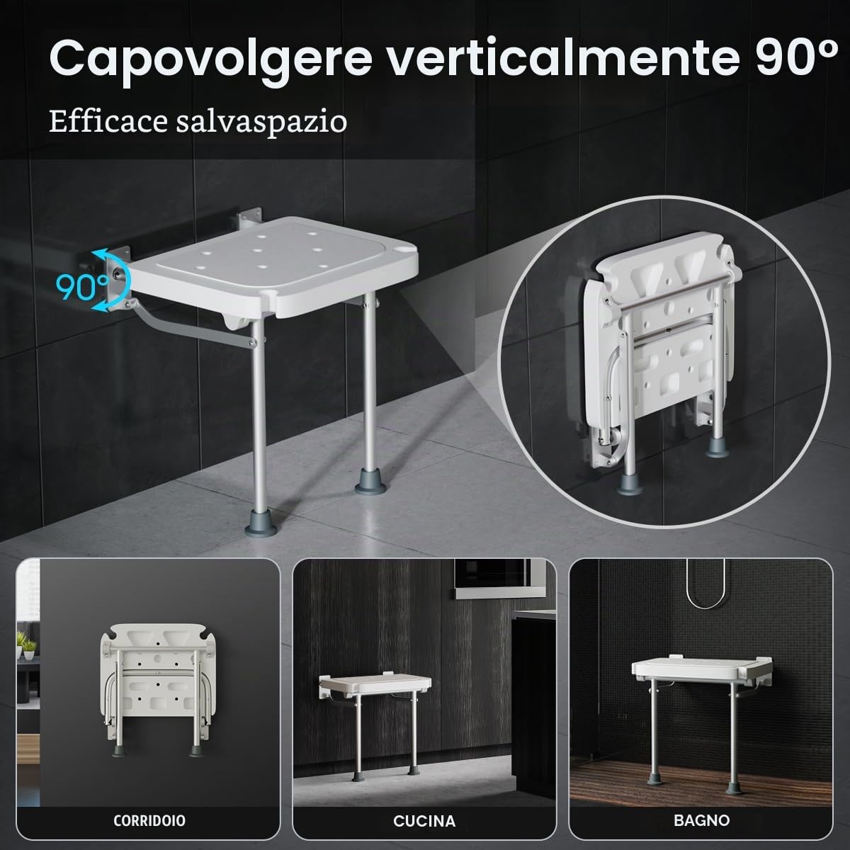 Sgabello da doccia pieghevole a parete, sedile doccia alto 42 cm, con piedini antiscivolo, foro di drenaggio, fessura per soffione doccia,adatto per anziani e disabili