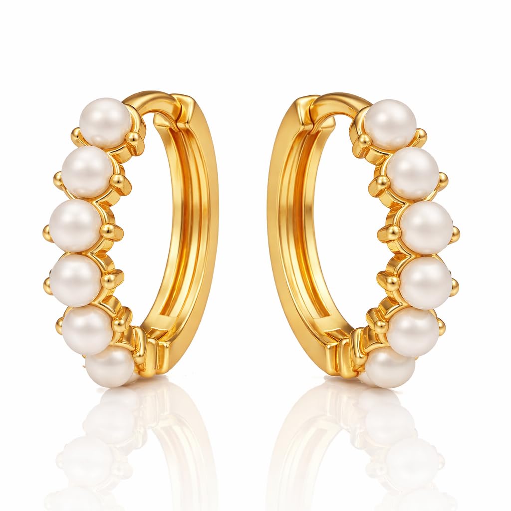 VAMA FASHIONS 18K Gold Plated Pearl Hoop Earrings Anti Tarnish Lightweight Traditional Beaded Round Bali Piercing Ear Jewellery Hoops Ear Studs for Women & Girls