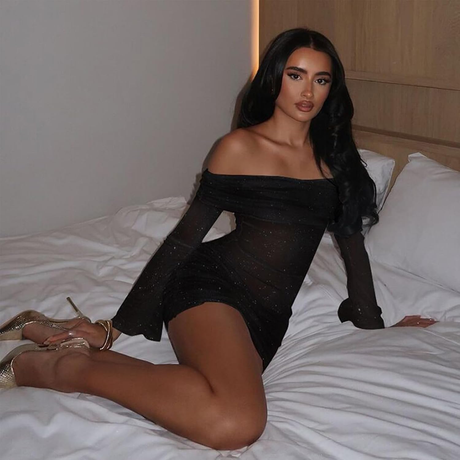 Uni Clau Women Sexy Off Shoulder Sparkly Mini Dresses Long Sleeve Bodycon Ruched Y2K Dress Mesh Birthday Party Club Dress - Image 5