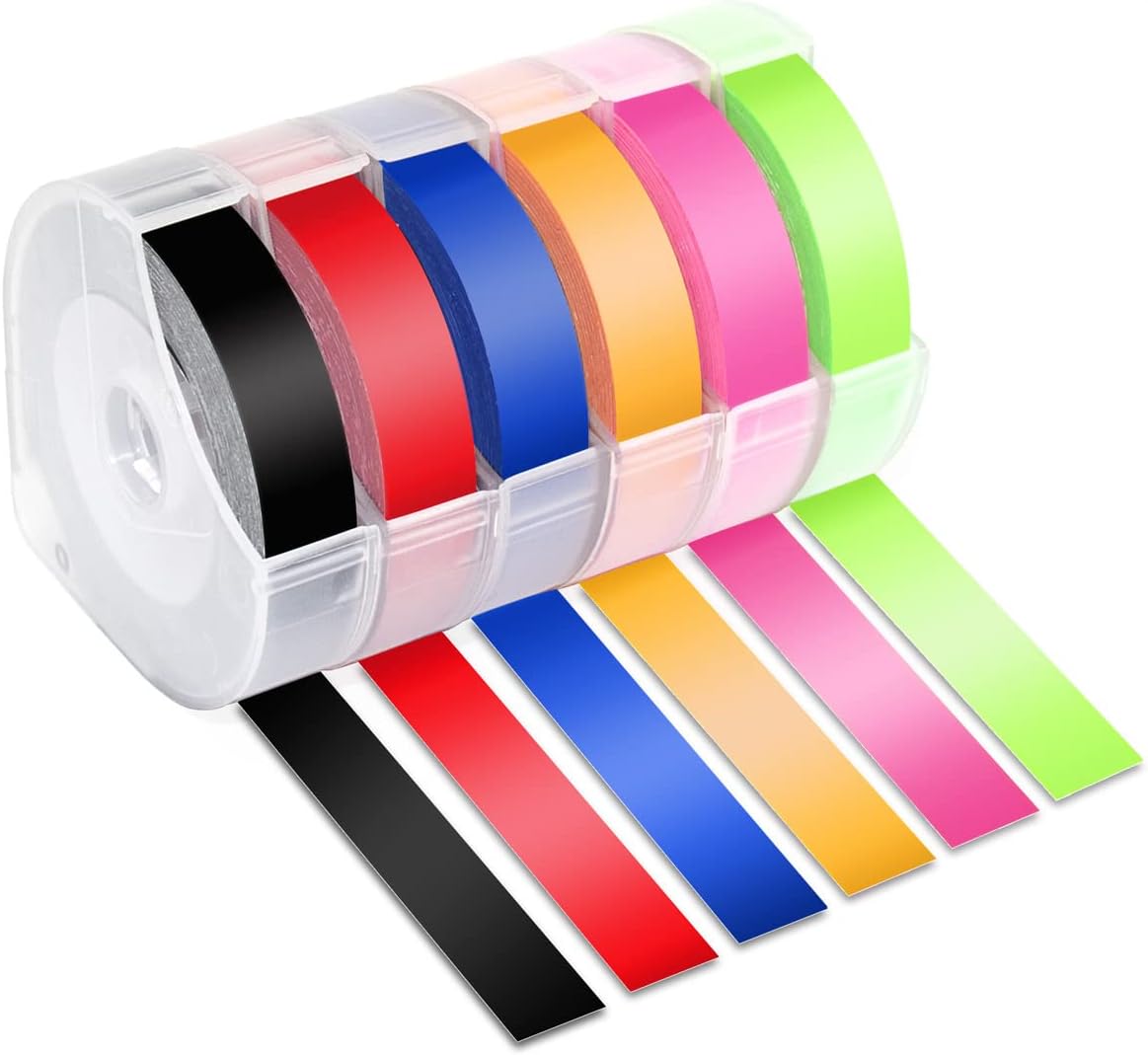 Embossing Tape Neon Compatible for DYMO Organizer Xpress Label Maker Refills, 3/8 3D Plastic Colored, Neon Pink/Orange/Green/Red/Blue/Black for Dynamo S0717930 Omega Junior Embosser, 6 Pack