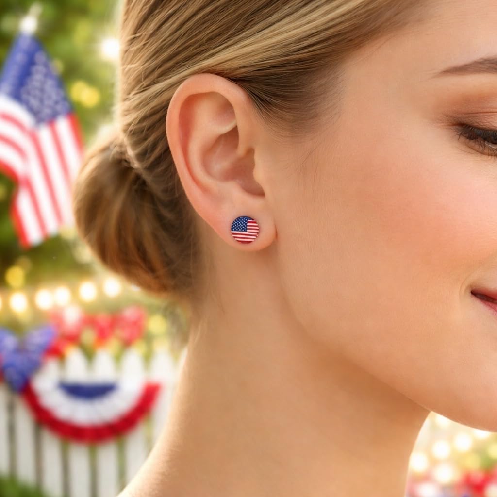 ICYROSE 925 Sterling Silver Set of 3 Pairs Fourth of July Set Red Heart & Blue CZ Heart & American Flag Stud Earrings (Nickel Free)