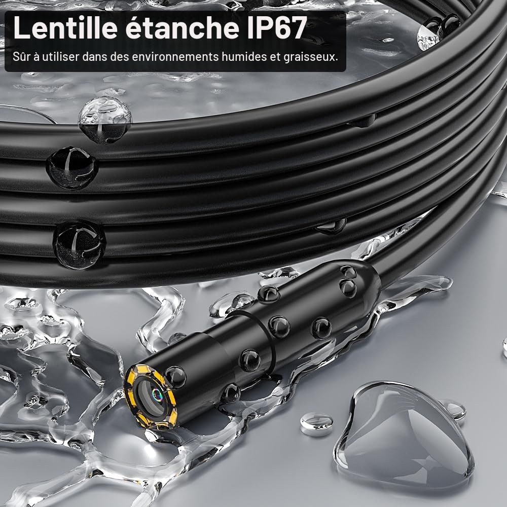 Endoscope HD 1080P avec 8 LEDs, Caméra d'Inspection 4,3" IP67 étanche, Câble Semi-Rigide 5m - Idéal pour Mécanique Auto/Plomberie