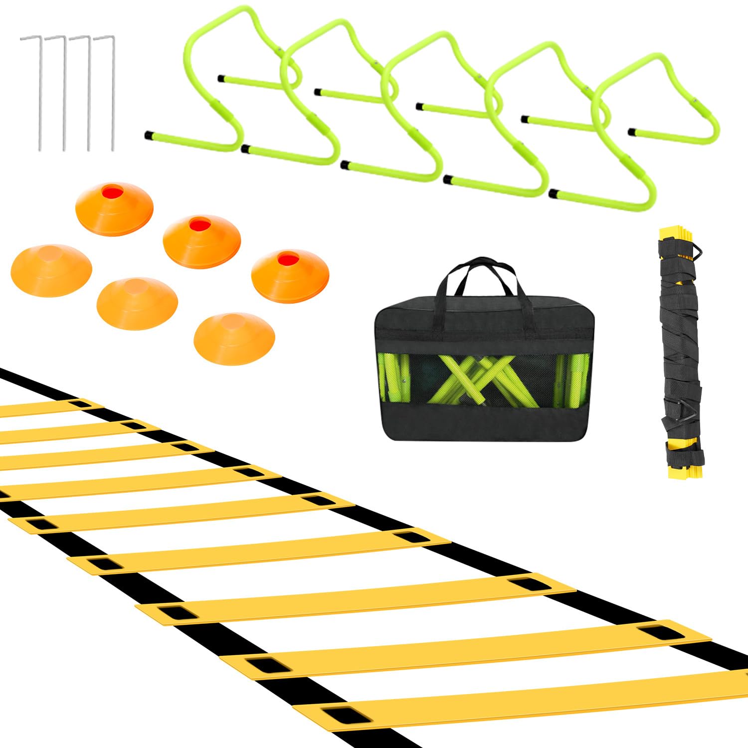 Accessoires d'entraînement de football, échelle de coordination avec 6 obstacles ajustables, 12 disques et cônes, ensemble d'entraînement pour enfants, comprend un sac de rangement, équipement