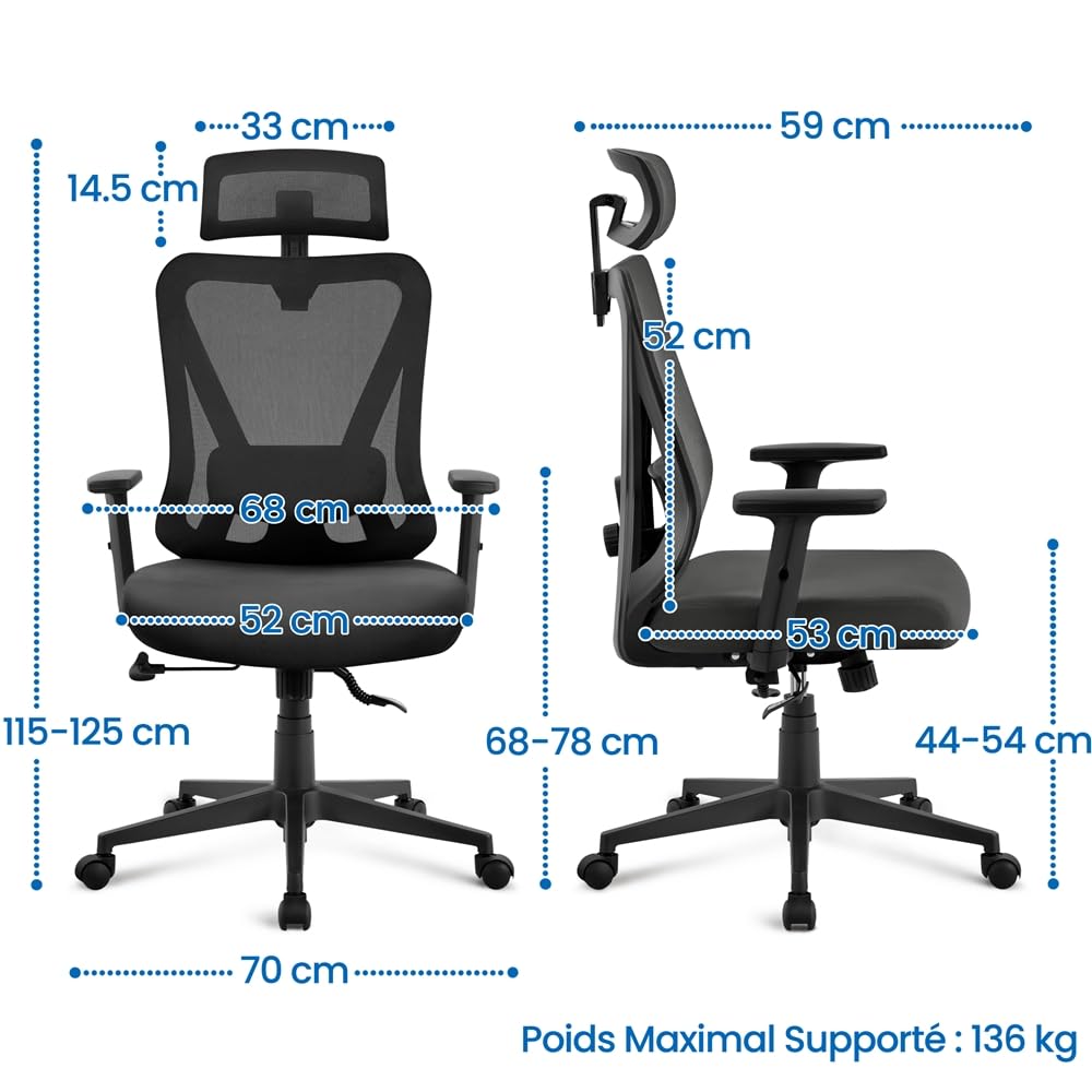 Yaheetech Chaise de Bureau Ergonomique Inclinaison Verrouillable Fauteuil de Bureau en Maille avec Support Lombaire et Appui-tête Accoudoirs Réglables roulettes Pivotantes Charge 136 kg Noir